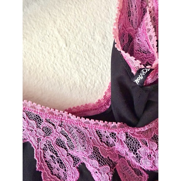 Betsey Johnson New York Black Silk Midi Dress With Pink Lace Vintage Y2K 1990s - Picture 3 of 8